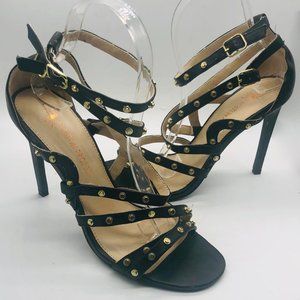 Black Strappy Heels with Gold Accents